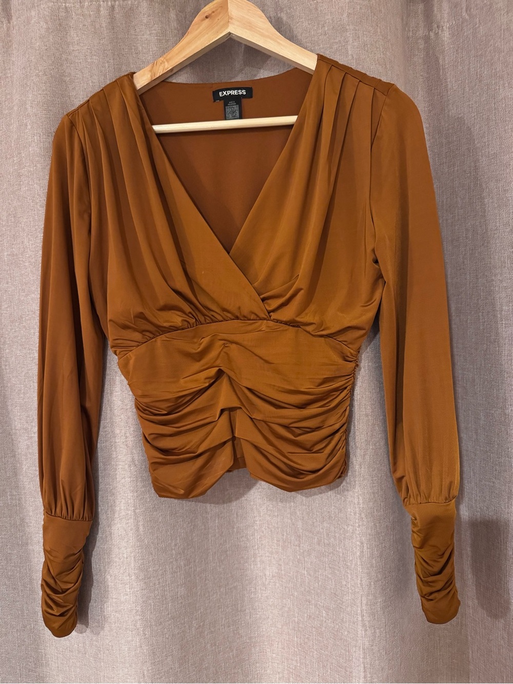Express Women's Rusty Orange Ruched Wrap Long Sleeve Blouse
